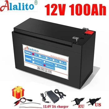 12V Batérie, 100Ah 18650 lítiové batérie Dobíjacie batérie pre slnečnej energie elektrický akumulátor vozidla,+12.6v3A nabíjačky