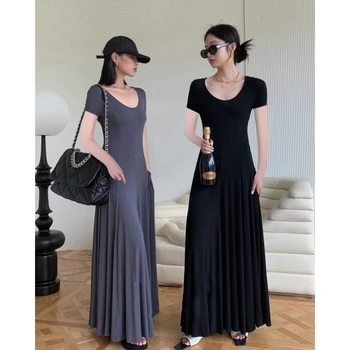 2023 Letné Čierne Šaty s Krátkym Rukávom Dámske Pevné Sexy kórejský Módne Jednoduché Temperament NOVÉ Ženské Oblečenie Dlhé Šaty