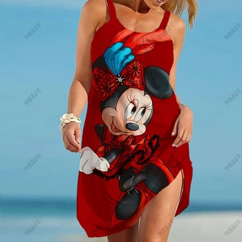 Disney Mickey Mouse Letné Plážové Šaty dámske Sexy Popruh talianske Rezance Popruh, Mini Šaty Plážové Šaty Tank Top Červené Šaty