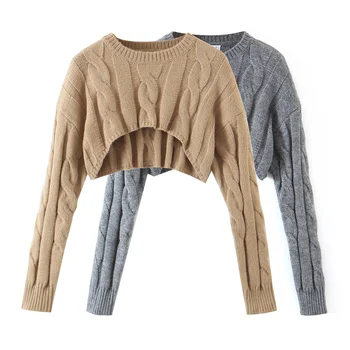 Dlhý rukáv top Zimné oblečenie žien 2022 Jeseň módny pletený sveter ženy kawaii ostrihané sveter twist dizajnér pulóver sivá