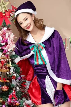 Fialová Vianočné Šatkou Nadýchané Šaty pre Ženy Vianočný Kostým Luk Uzol Klobúk Nastaviť Santa Strany Jednotné Dievčatá Vianočné Šaty