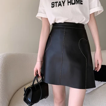 Kožené Mini Sukne Pre Ženy, kórejský Módne Vyšívané Láska Shape-line Zábal Krátke Jupe Femme Ovčej Béžová Roztomilý Oblečenie