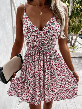 Kvetinový Popruhy Mini Letné Šaty, Šaty Pre Ženy JE Vetement Femme 2022 Sukienka Sundress Vintage Oblečenie pre voľný čas Žena