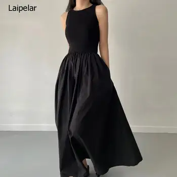 Kórejský Lete Bežné Patch Kolo Bez Rukávov Čierna Vesta Šaty Žien Big Swing Maxi Vestido De Mujer 2023 Nové