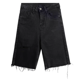 Letné black high-v strede zúžený tvárny slim all-zápas otvor dizajn strapec päť-bod jeans nohavice