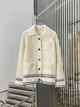 Nové tri-pocket dizajn singel svojim baránok vlna pletené klope kabáta vo forme granúl velvet textílie