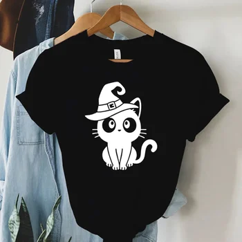 Roztomilý dievča T-shirt Cartoon Čiernej na Bielu Mačku, Nosiť Klobúk Grafické Krátke Rukávy Okrúhle Krčný Bežné Nadrozmerné Dievča Mačka Estetické Čaj