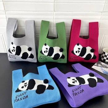 Vrece S Potravinami Kabelky Cartoon Panda Kozmetická Taška Veľká Kapacita Pletený Taška Zápästie Taška Ženy Kabelka Malé Tote Bag