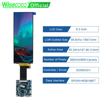 Wisecoco 6.2 Palcový Úsek Panel LCD Modul 360x960 IPS Displej SPI RGB Rozhranie Pre Smart Home Appliance Polica Reklama