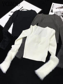 [YOZOU] luxusné čierne biele plyšové Knitwear Jumper Plodín zrastov žena, Ženské oblečenie kórejský dongdaemun vysokej kvality Pulóver