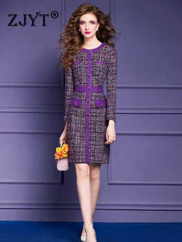 ZJYT Ženy Vintage Fialová Tweed Vlnené Šaty Plus Veľkosť Elegantný Dlhý Rukáv Jeseň Zimné Šaty Bežné Denné Vestidos Župan