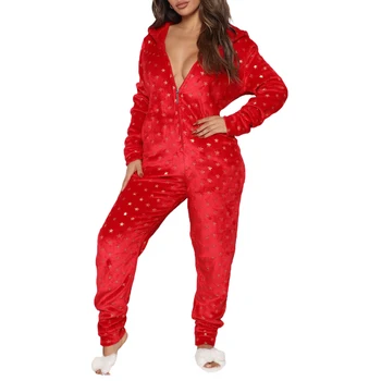 Ženy Vianoce Domov Jumpsuit Kapucňou Dlhé Rukávy Star Prúžok Teplo Módne Fleece Pyžamá pre Nočný Spánok